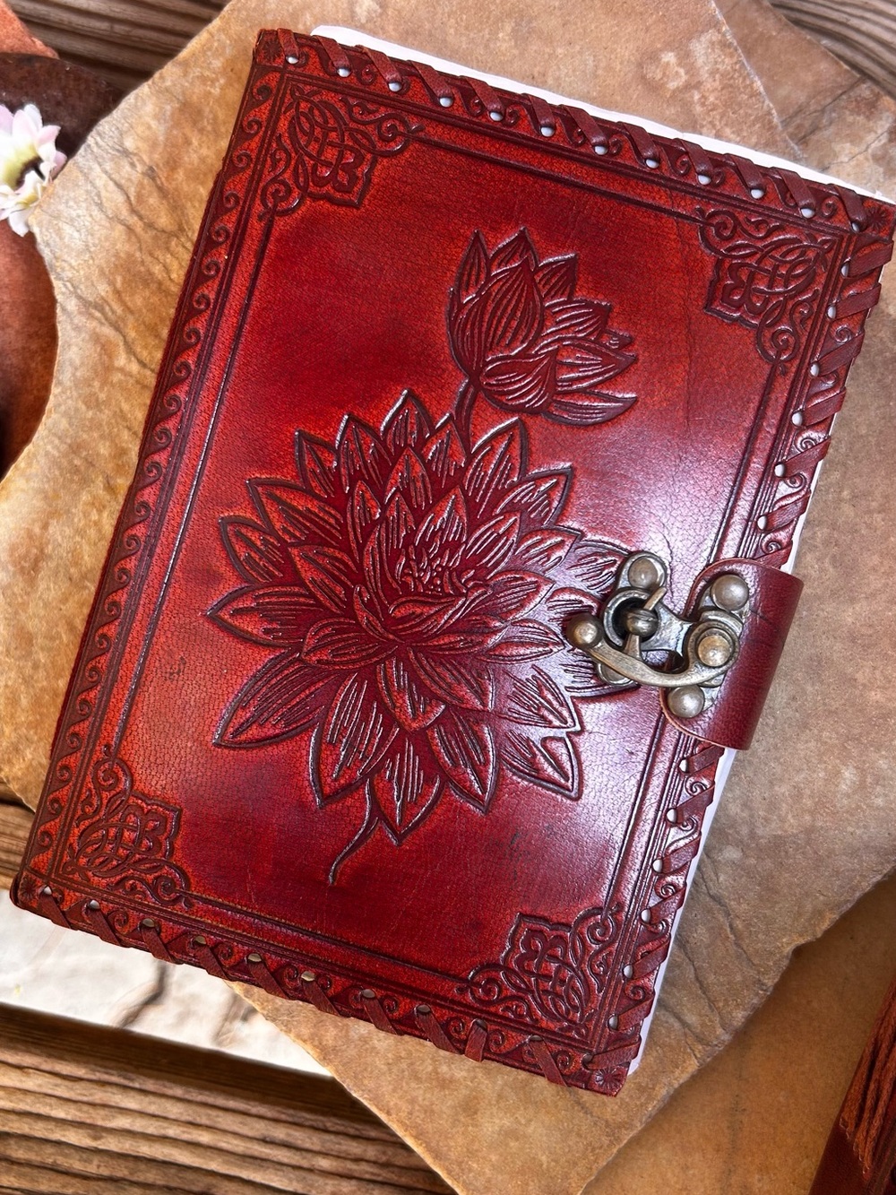 Handcrafted Red Brown Leather Embossed Journal with Lotus Floral Design NWT